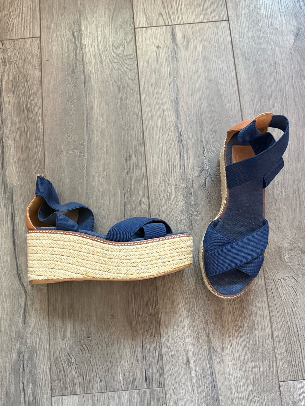 Tory Burch Navy Elastic Espadrille Platform Wedges with Tan Accents
